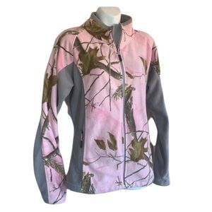 CABELA’S Realtree pink camo fleece jacket, grey trim, Zip front, pockets. M
